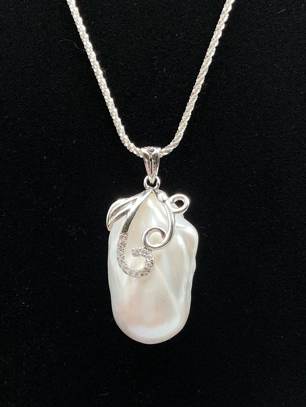Huge Baroque Pearl & Cubic Zirconia Pendant & 22" Diamond Cut Silver Necklace